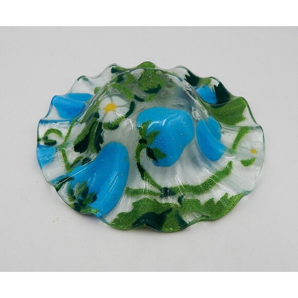 Sydenstricker Blue Strawberry Fused Glass Plate Bowl Ruffled Edge 2 PC Signed - Picture 8 of 11